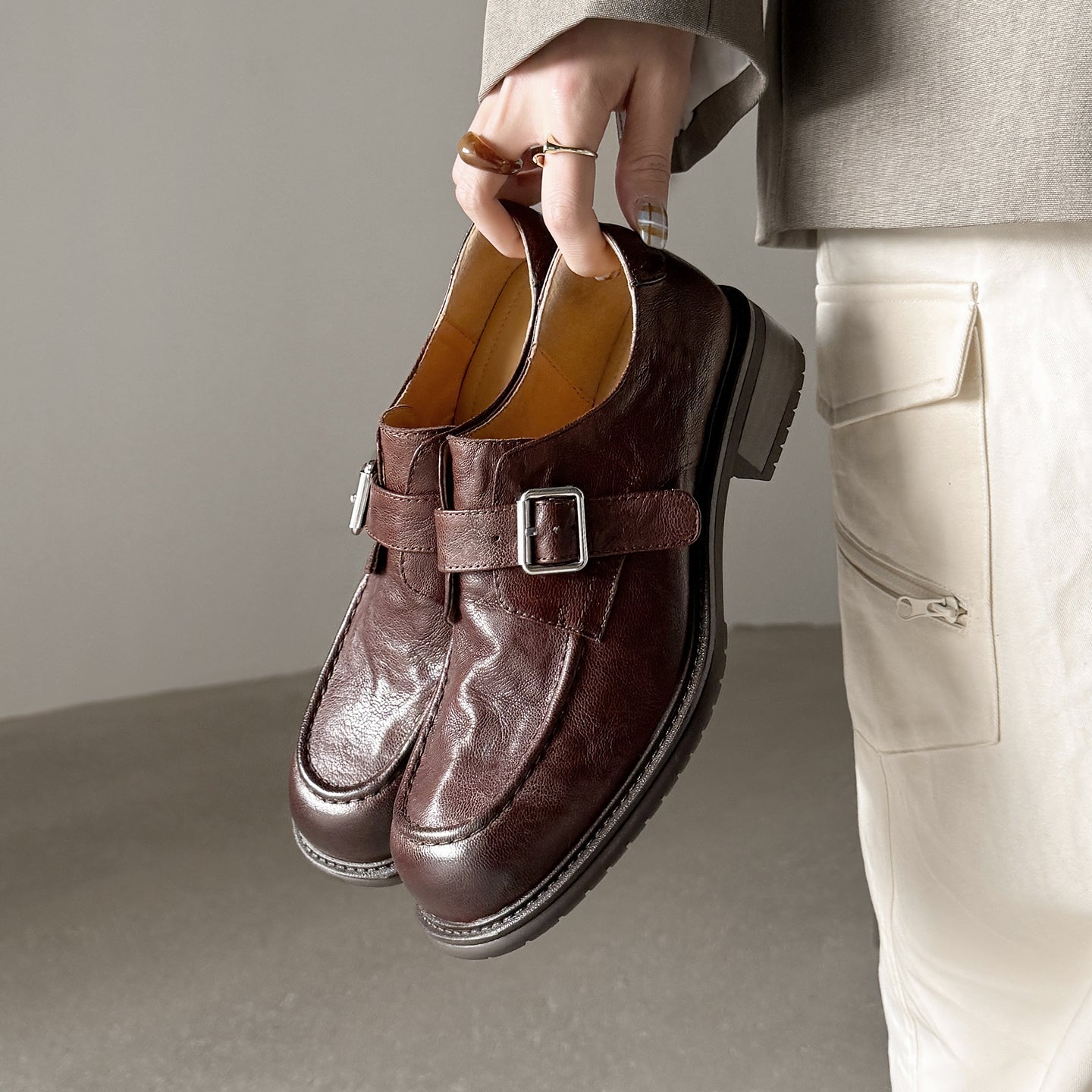 Sarah Express Washed Leather Monk Strap Loafers