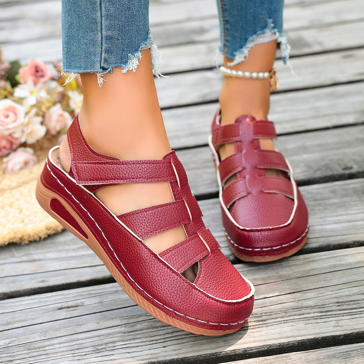 Sarah Express Breathable Wedge Platform Roman Sandals Wine Red