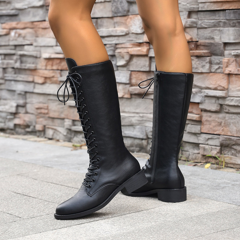 Sarah Express Women's Knee-High Lace-Up Round Toe Boots