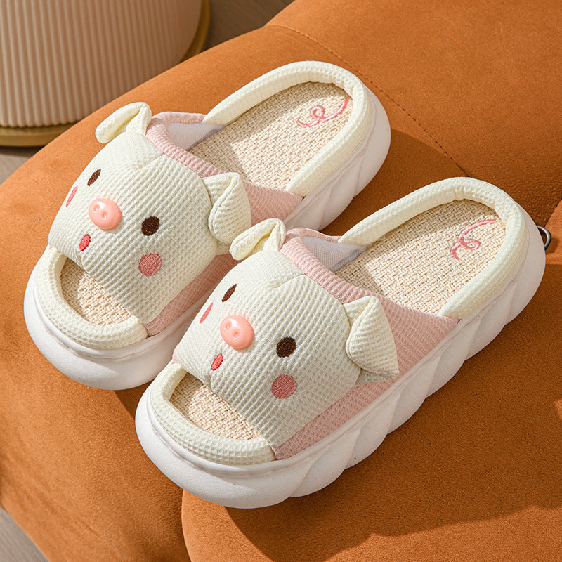Cute Piggy Slippers Open Toe Linen Home Slipper Couples Women Men Cartoon Pig House Shoes – product detail alternate view 9