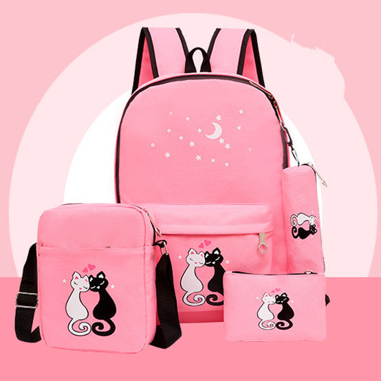 Sarah Express Cartoon Cat Print Canvas Backpack Set