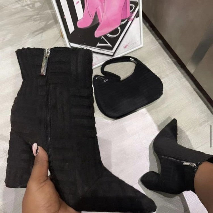 Sarah Express Fashion Pointed Toe Heeled Ankle Boots Black