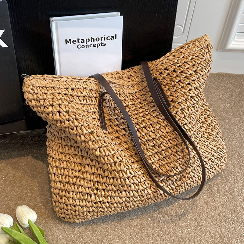 Sarah Express Woven Shoulder Bag Large Capacity Tote Brown