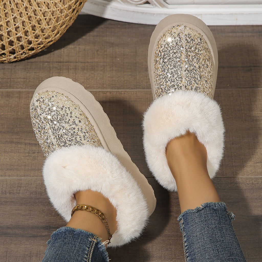 Sarah Express Sequined Plush Slip-On Platform Slippers