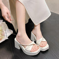Sarah Express Rhinestone Block Heel Square Toe Sandals Beige