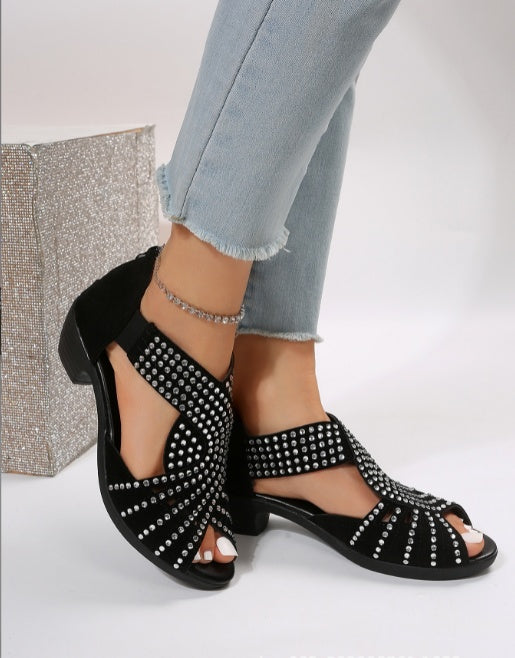 Sarah Express Rhinestone Embellished Open Toe Block Sandals