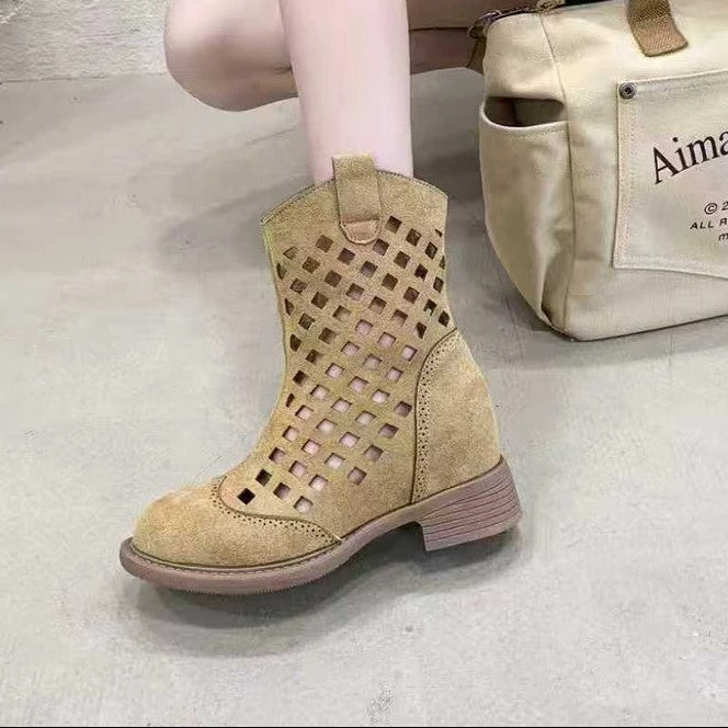 Sarah Express Hollowed-Out Mesh Mid-Calf Chunky Boots