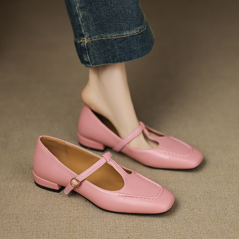 Sarah Express Women's T-Strap Peep Toe Flat Pumps