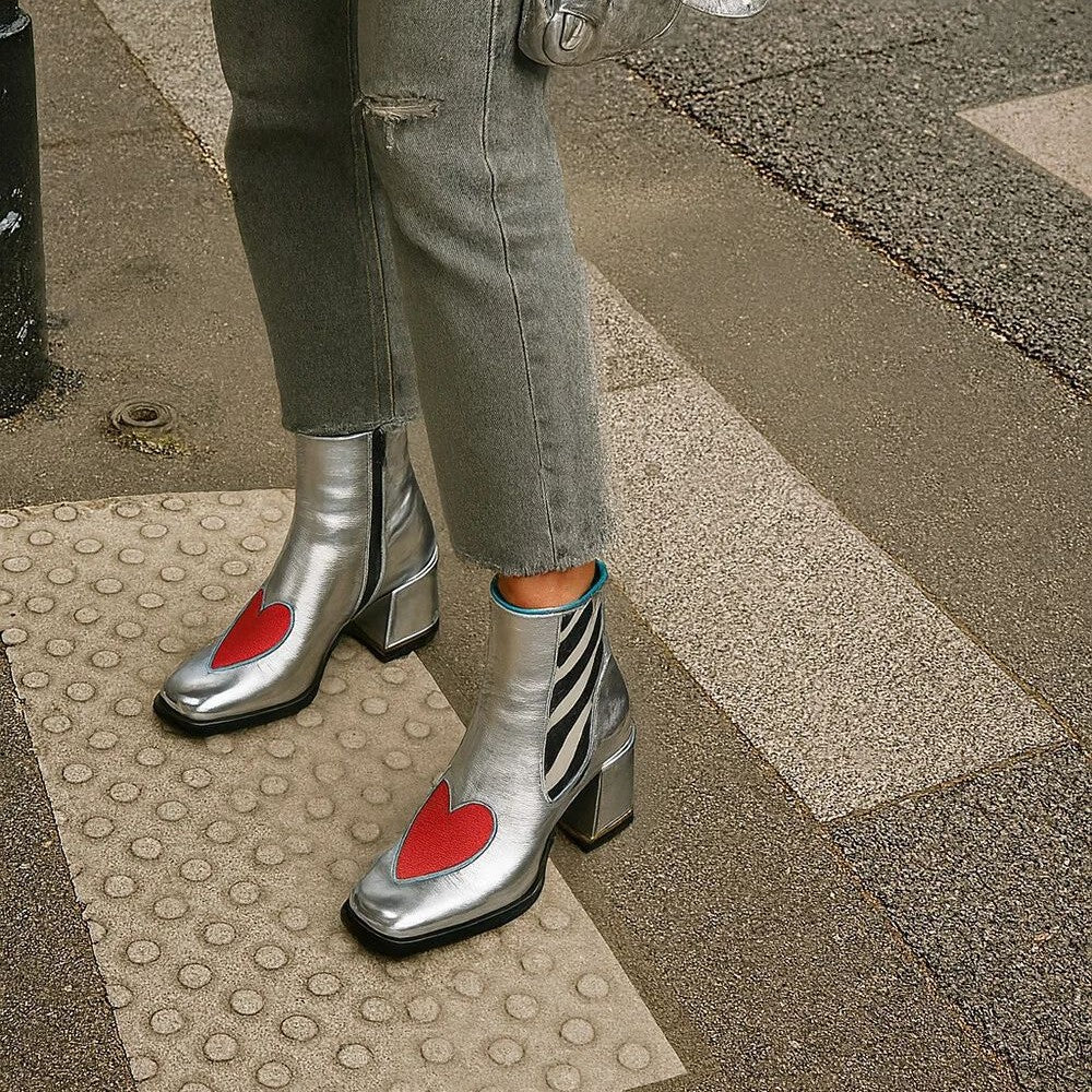 Sarah Express Silver Square Toe Chunky Heel Ankle Boots