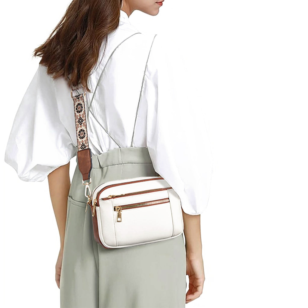 Sarah Express Triple-Zipper Crossbody Bag With Embroidered Strap