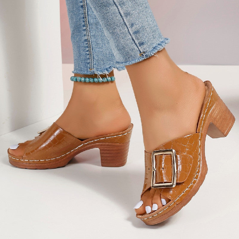 Sarah Express Crocodile Texture Buckle Chunky Heel Sandals