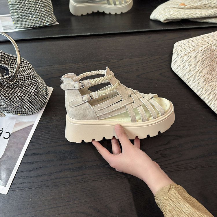 Sarah Express Woven Suede Platform High-Heel Sandals Beige