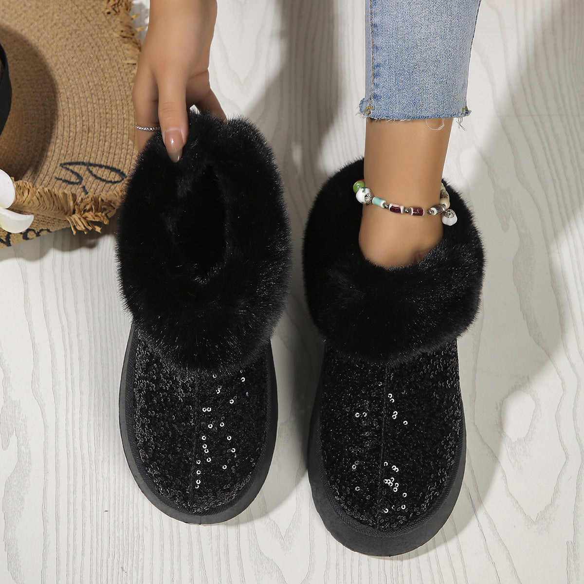 Sarah Express Sequined Plush Slip-On Platform Slippers