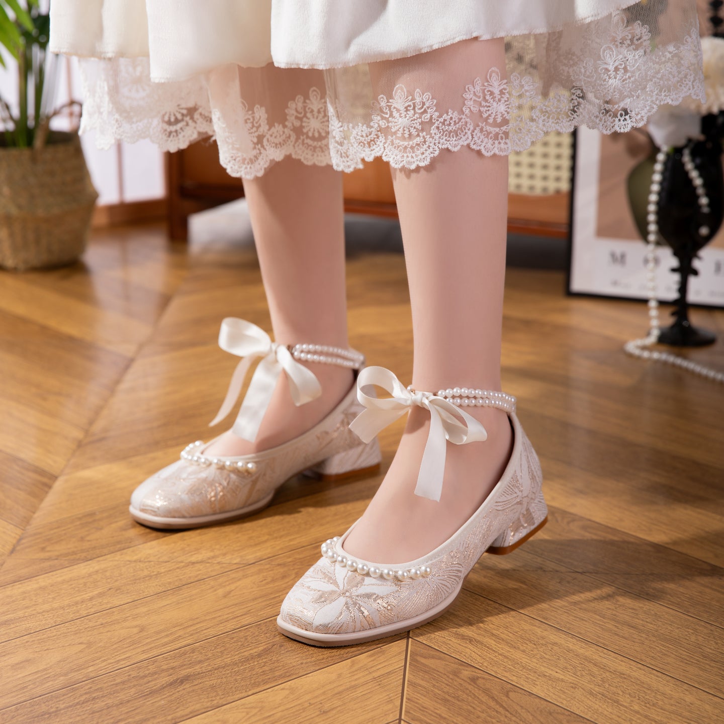 Sarah Express Jacquard Mary Jane Low Heel Shoes