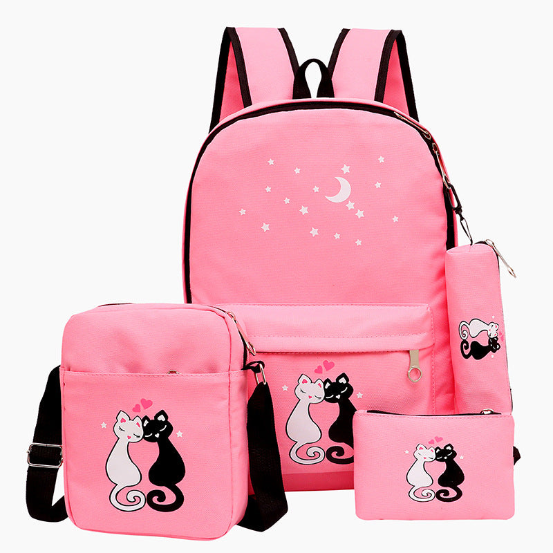 Sarah Express Cartoon Cat Print Canvas Backpack Set