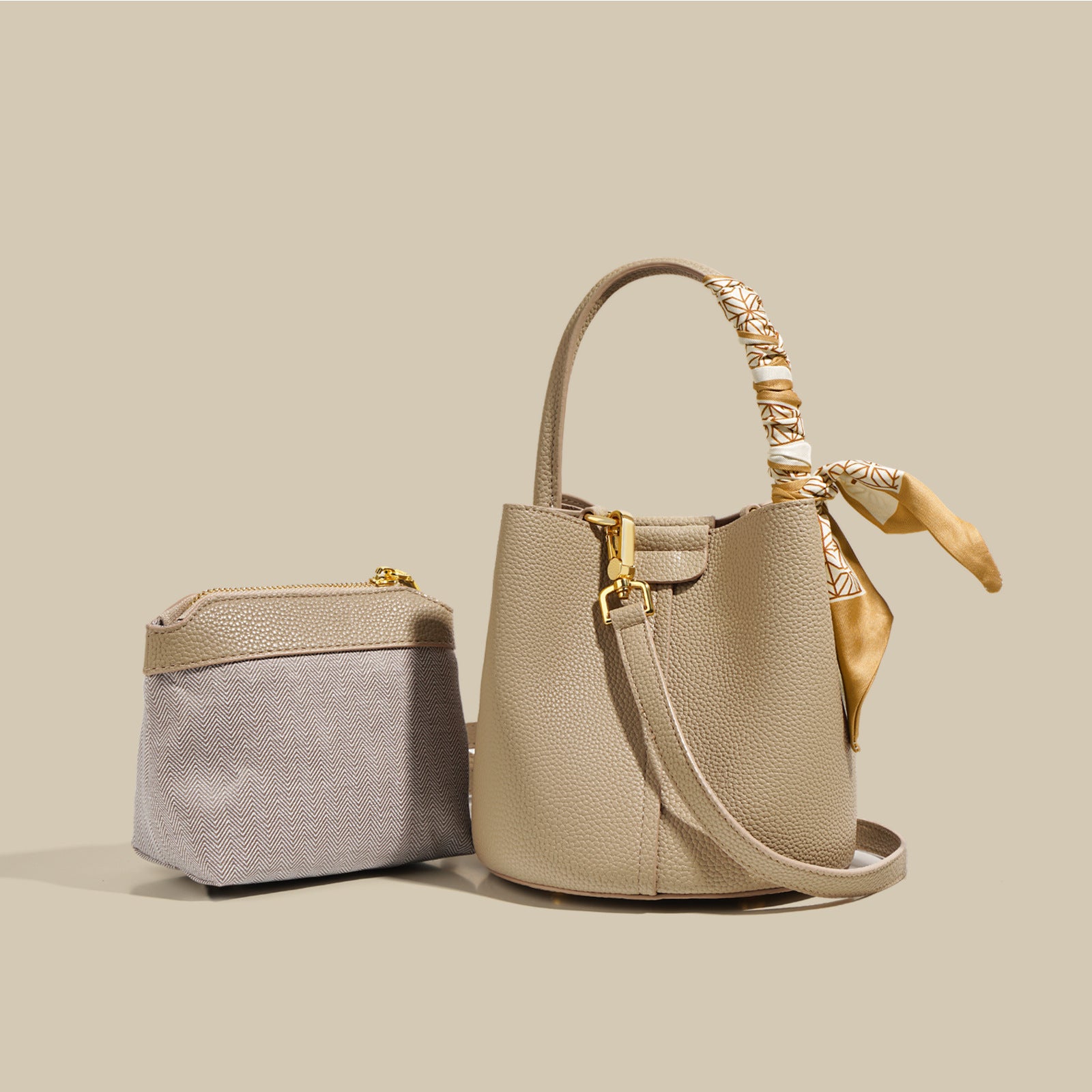 Sarah Express Textured Leather Bucket Bag with Scarf