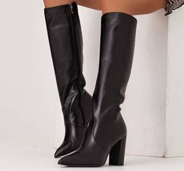 Sarah Express Pointed Toe Chunky Heel Thigh Boots