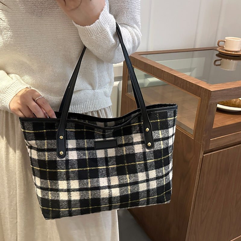 Sarah Express Structured Wool Laptop Tote Commuter Bag Black Large Grid