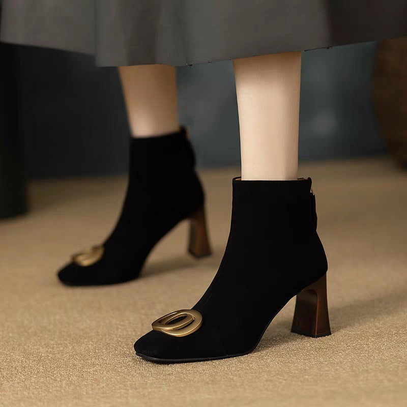 Sarah Express Retro Square Toe Chunky Heel Boots Black