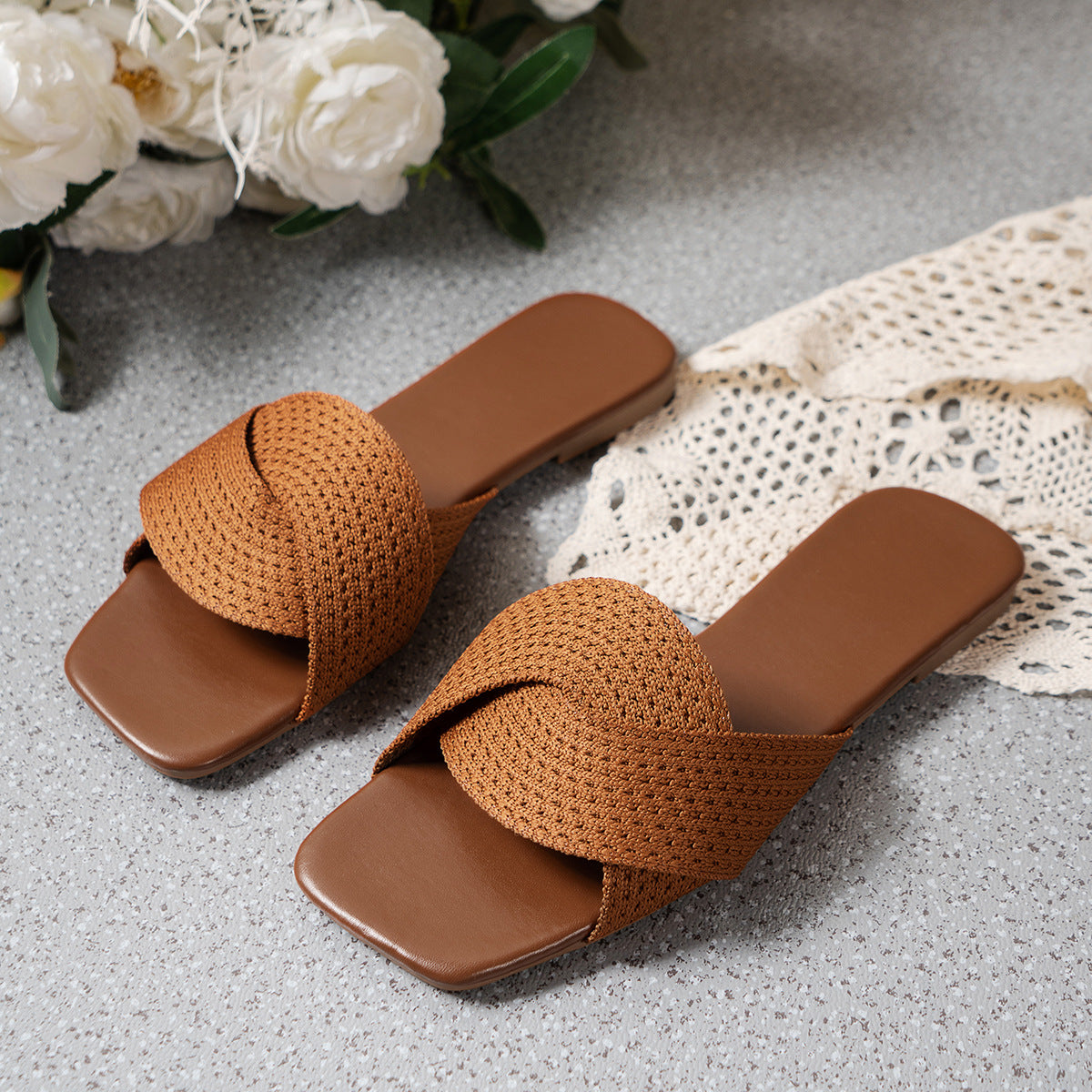 Sarah Express Women's Cross-Strap Square-Toe Flat Sandals | Lightweight Fabric Beach Slippers Brown