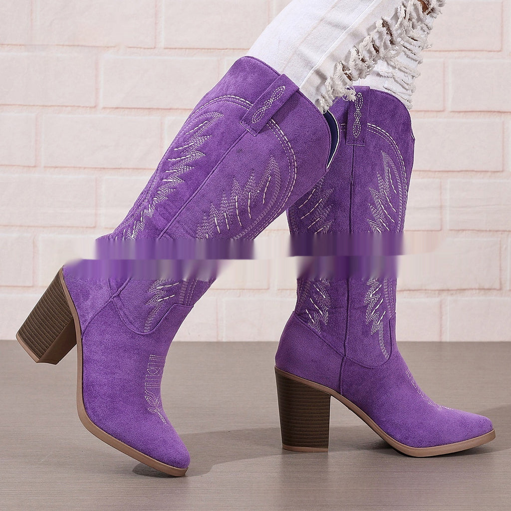 Sarah Express Embroidered Pointed Toe Mid Heel Boots