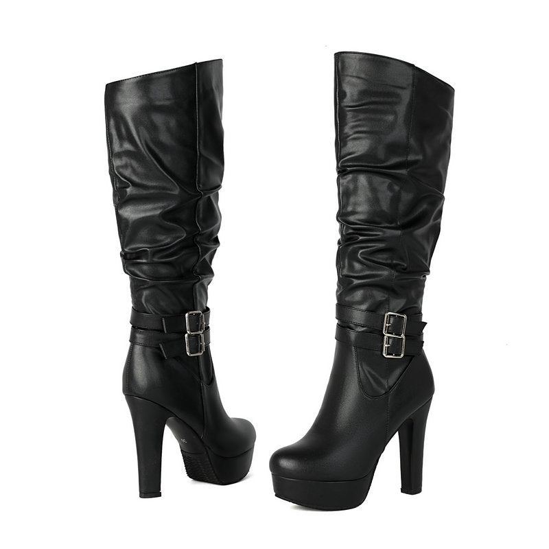 Sarah Express Women's Black Chunky Heel Platform Boots