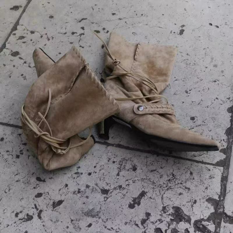 Sarah Express Square Toe Western Boots With Tassel Straps Khaki