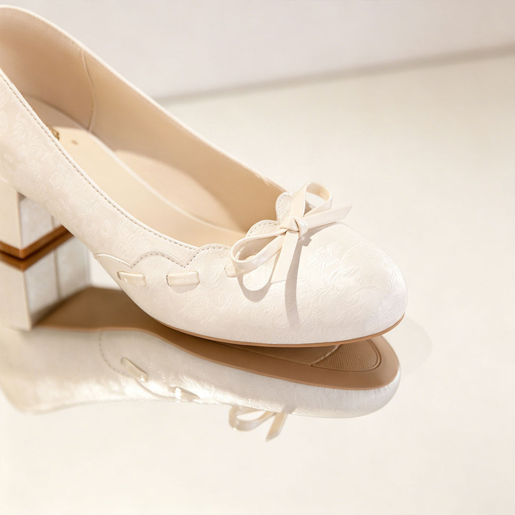 Sarah Express Ivory Jacquard Satin Bow Block Heels