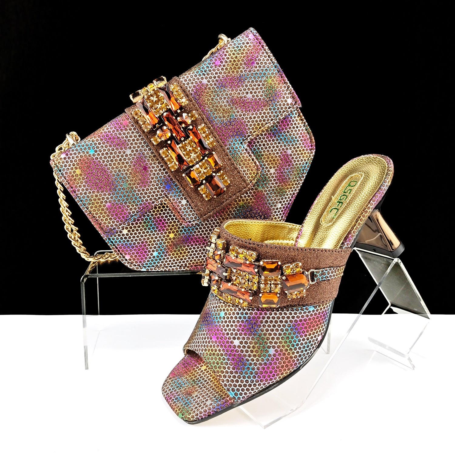Sarah Express Camouflage Pattern Embellished Mule And Bag Set Dark Brown