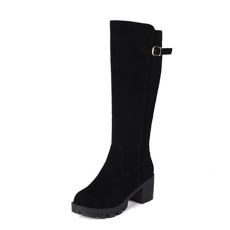 Sarah Express Women's Chunky Heel High-Top Suede Boots Black