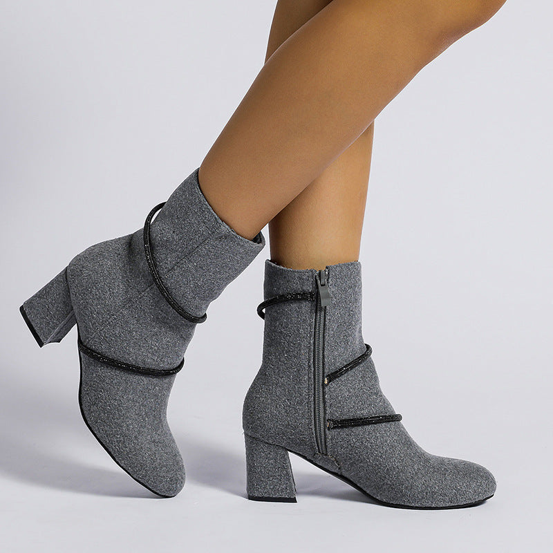 Sarah Express Chunky Mid Heel Rhinestone Chain Boots