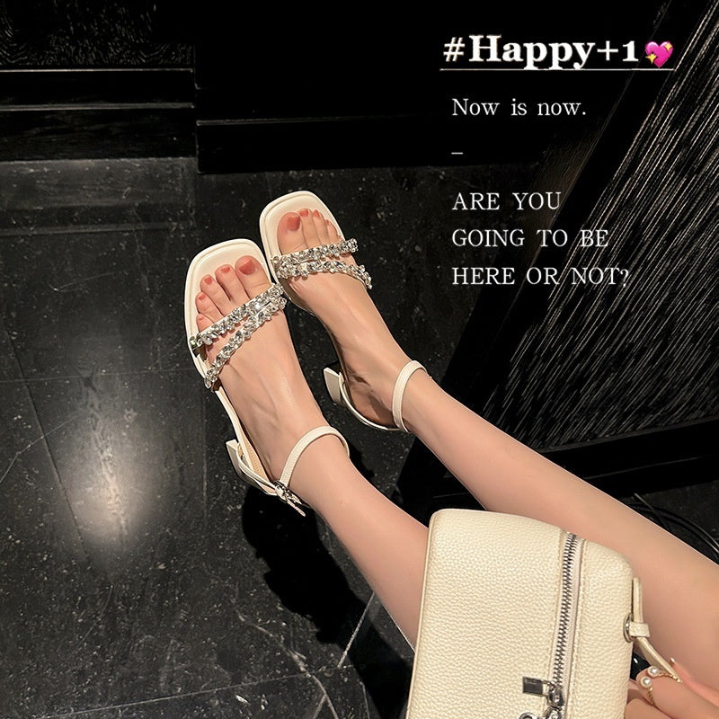Sarah Express Rhinestone Embellished Open Toe Mid Heel Sandals