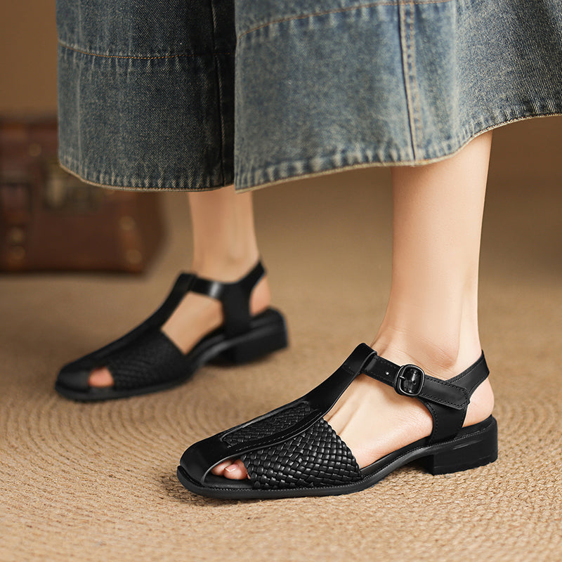 Sarah Express Woven T-Strap Block Heel Sandals