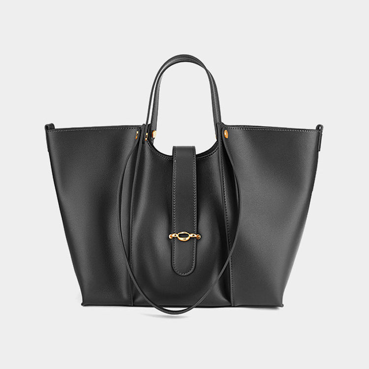 Sarah Express Genuine Leather Retro Structured Tote Bag Black