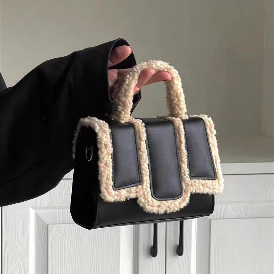 Sarah Express Lamb Wool Trim Structured Crossbody Bag