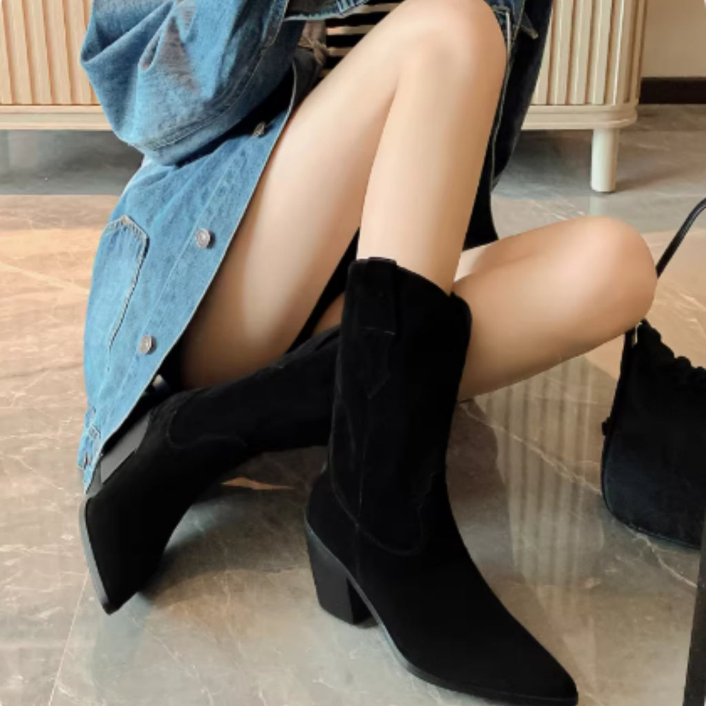Sarah Express Chunky Heel Western Pointed Toe Boots