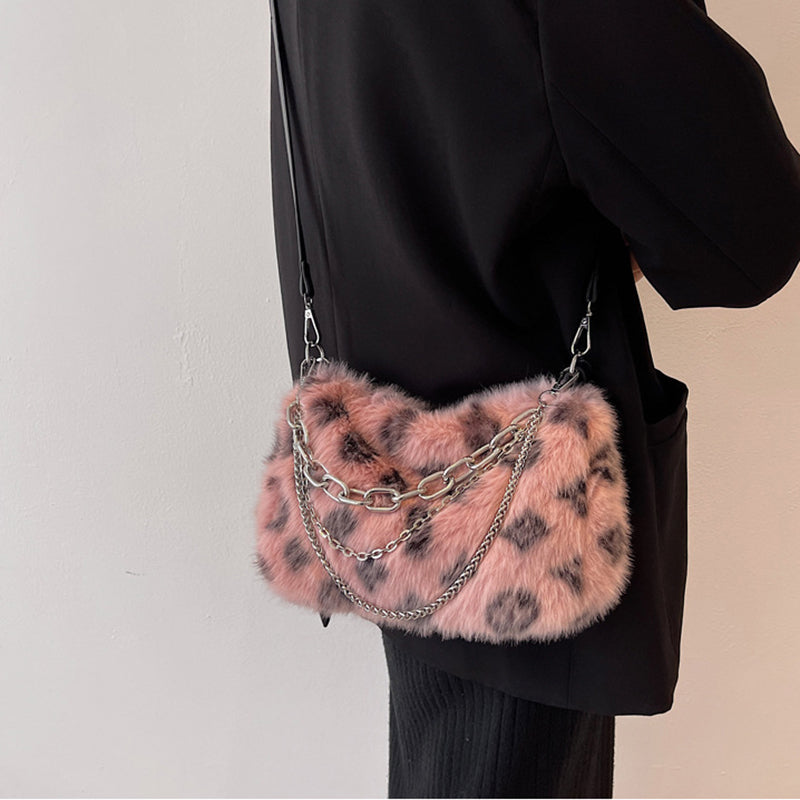 Sarah Express Leopard Print Plush Chain Shoulder Bag