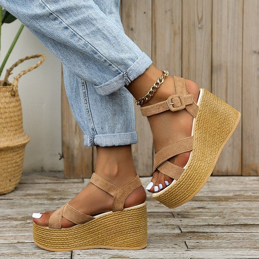Sarah Express Wedge Sandals For Women Summer Casual Non-slip Cross-strap Platform Shoes With Hemp Heels Shoes