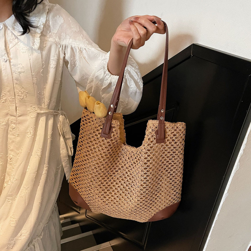 Sarah Express Minimalist Straw Weave Bucket Shoulder Bag