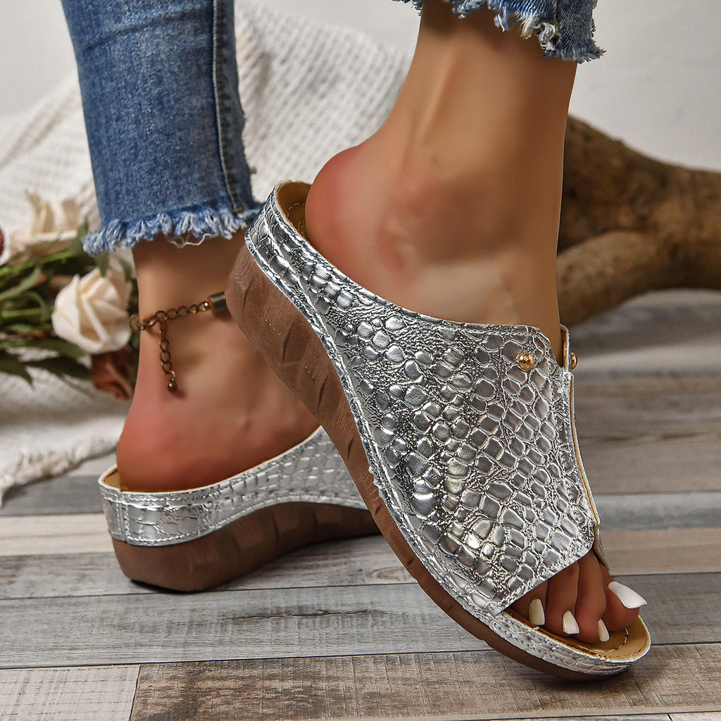 Sarah Express Crocodile Pattern Platform Wedge Sandals
