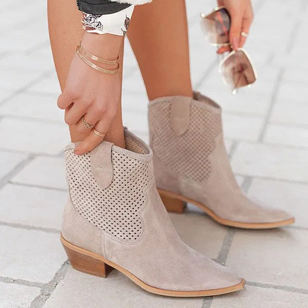 Sarah Express Embossed Suede Pointed Toe Ankle Boots