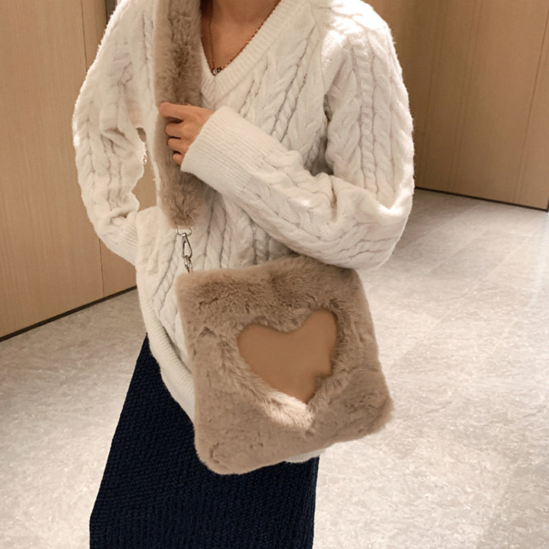 Sarah Express Plush Heart Detail Vertical Shoulder Bag