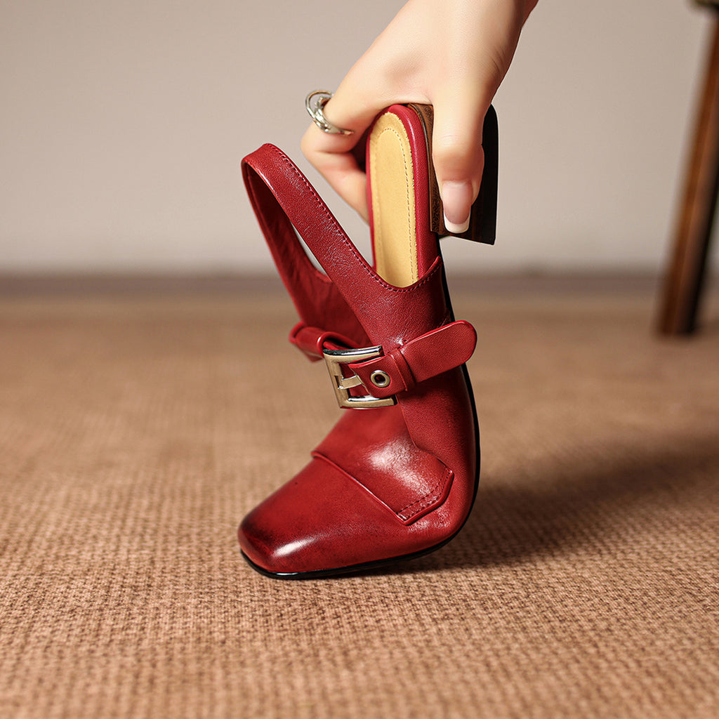 Sarah Express Handmade Leather T-Strap Block Heel Sandals