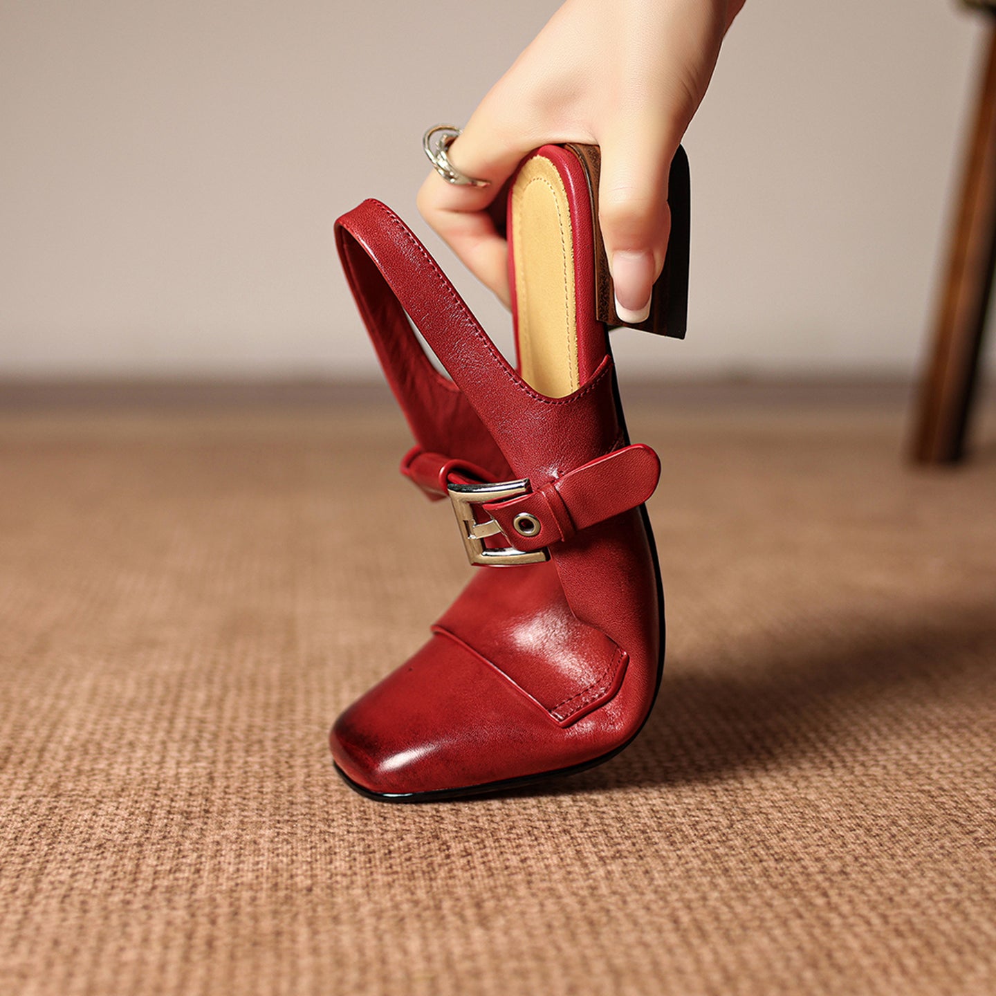 Sarah Express Handmade Leather T-Strap Block Heel Sandals
