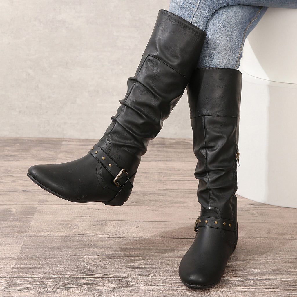 Sarah Express Women's Retro Belt-Buckle Chunky Heel Boots