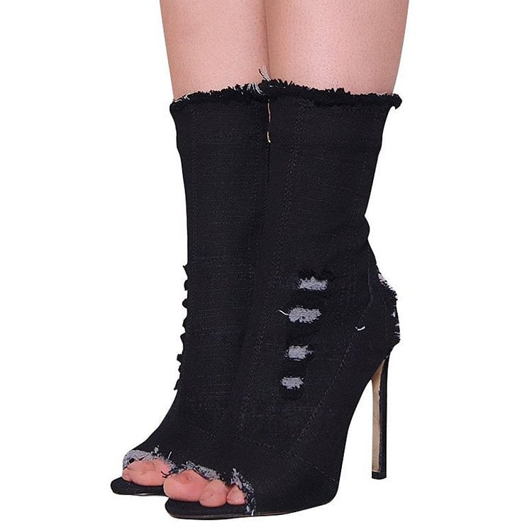Sarah Express Peep Toe Distressed Denim Stiletto Boots