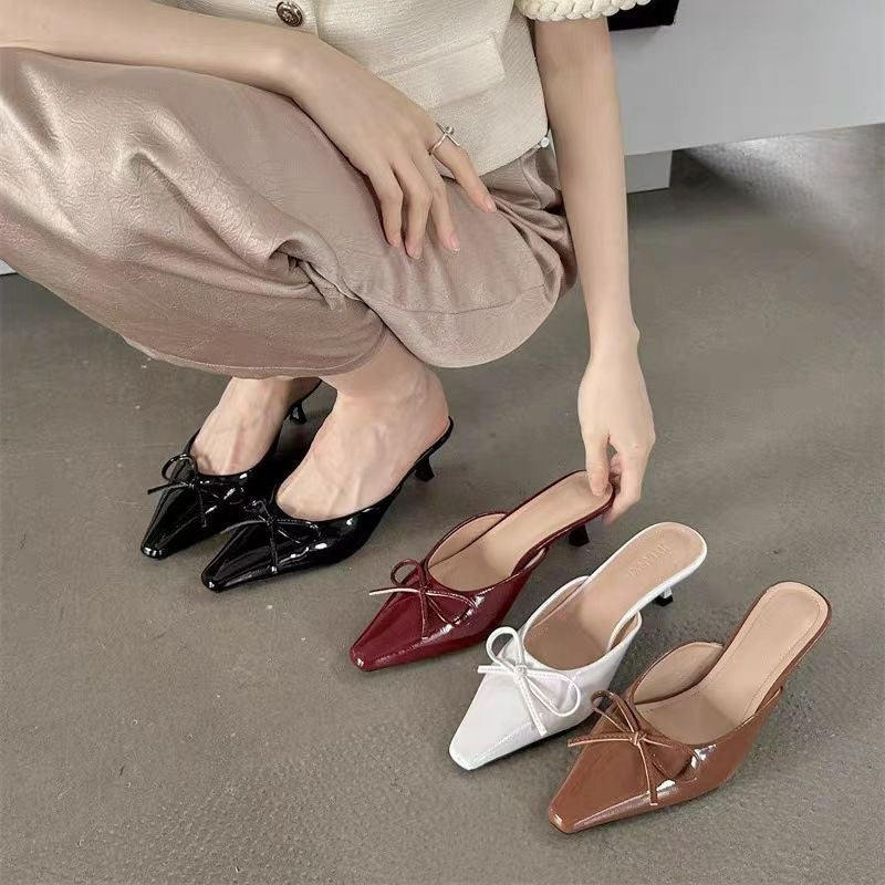 Sarah Express Elegant Low-Heel Bow Square Toe Slippers