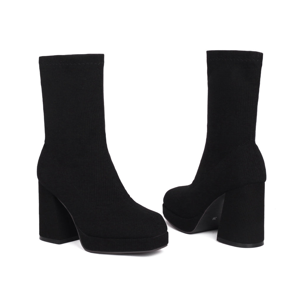 Sarah Express Square Toe Chunky Heel Ankle Boots Black