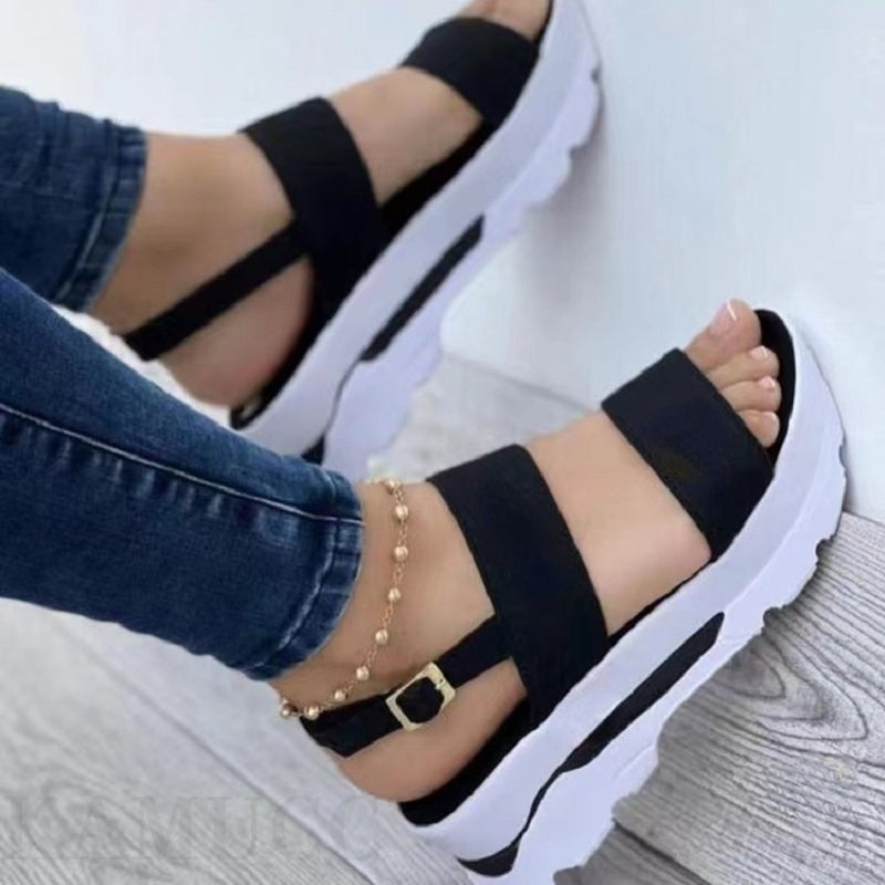 Sarah Express Women's Cutout Platform Sandals Buckle Heels Black