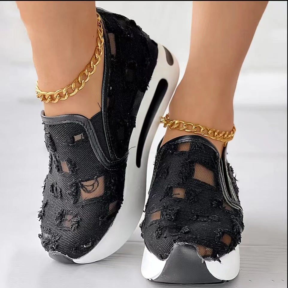 Sarah Express Hollow Out Canvas Platform Loafers Black
